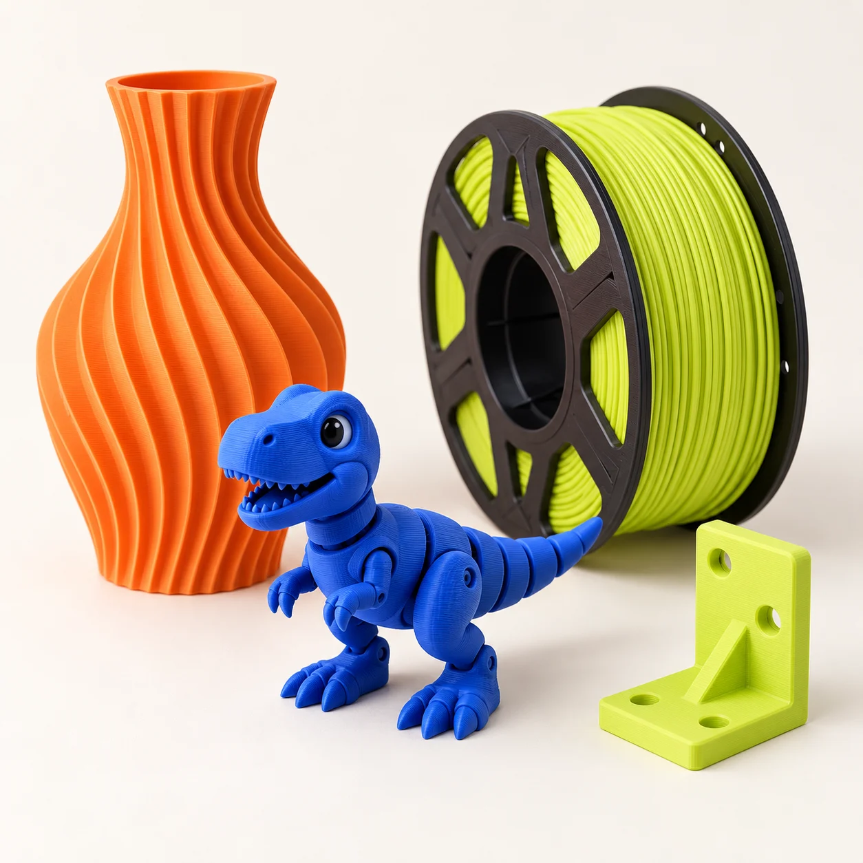 Illustratie van kleurrijke 3D-prints: een oranje vaas, blauwe dinosaurus en groene filamentrol.